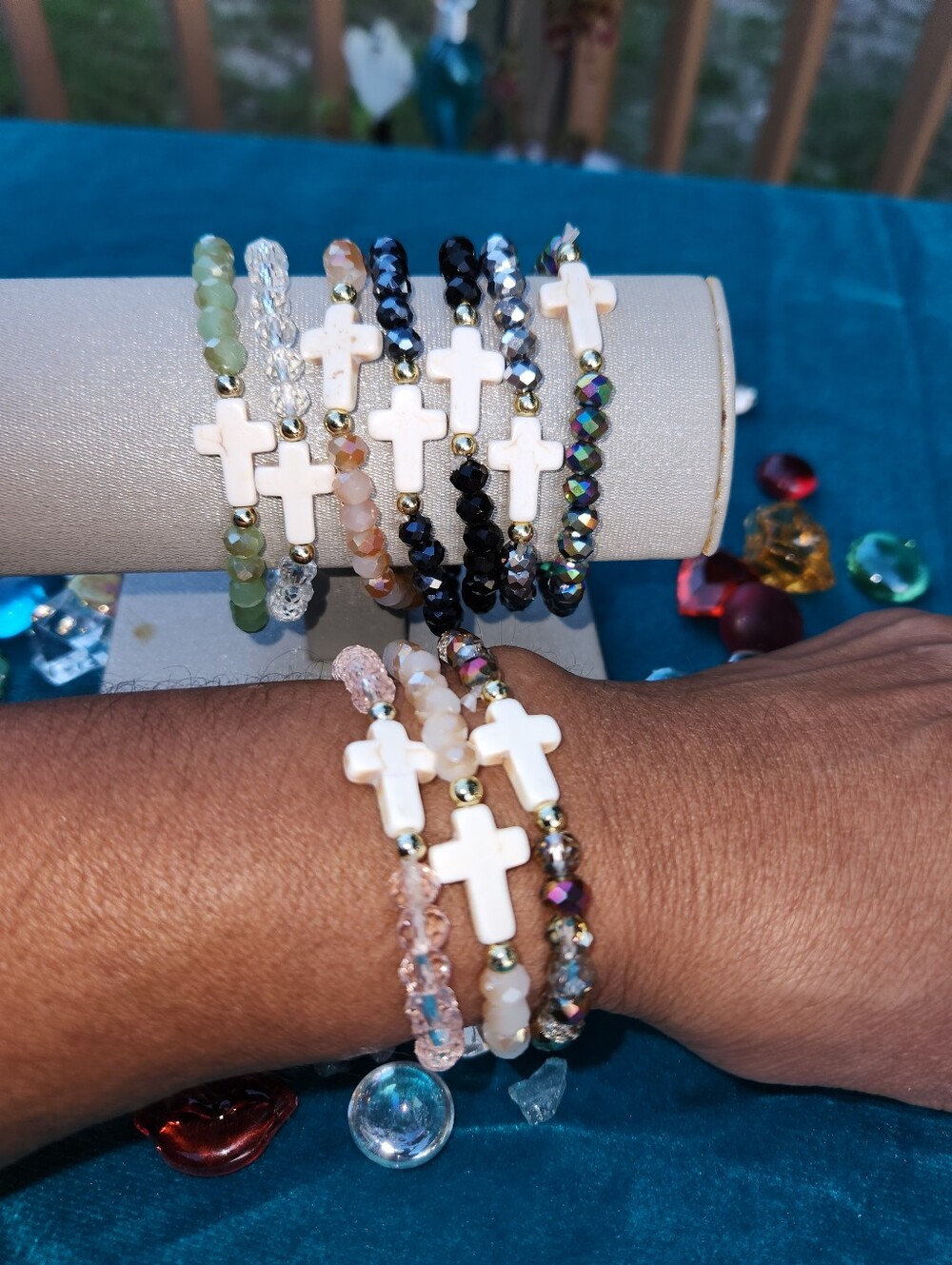 Beaded Cross Stretch Bracelet - White Cross, Multicolor Beads Your Choice - Picture 4 of 8